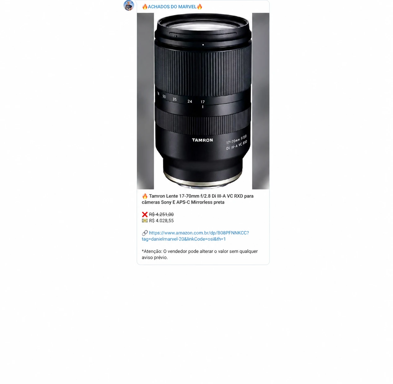 Print com informações secundárias removidas: Tamron 17–70mm Sony E, com preço e condições da época.