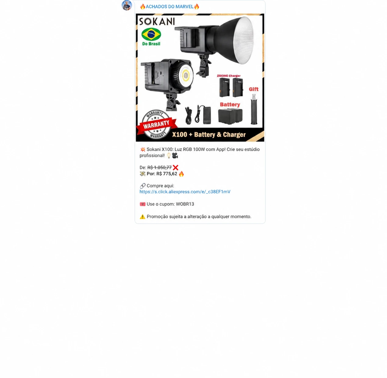 Print com informações secundárias removidas: Sokani X100 RGB, com preço e condições da época.